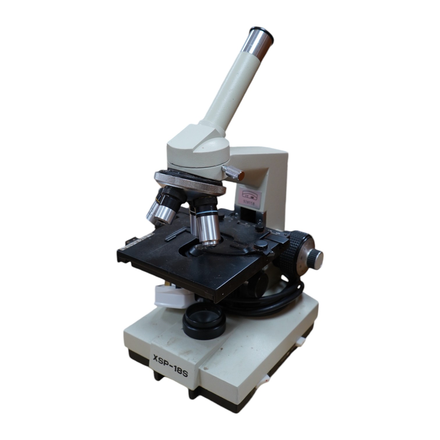 A pine cased mid 20th century monocular microscope XSP-18S supplied by Brunel Microscopes Ltd, case; 45 x 24.5 x 27cm. Condition - good.